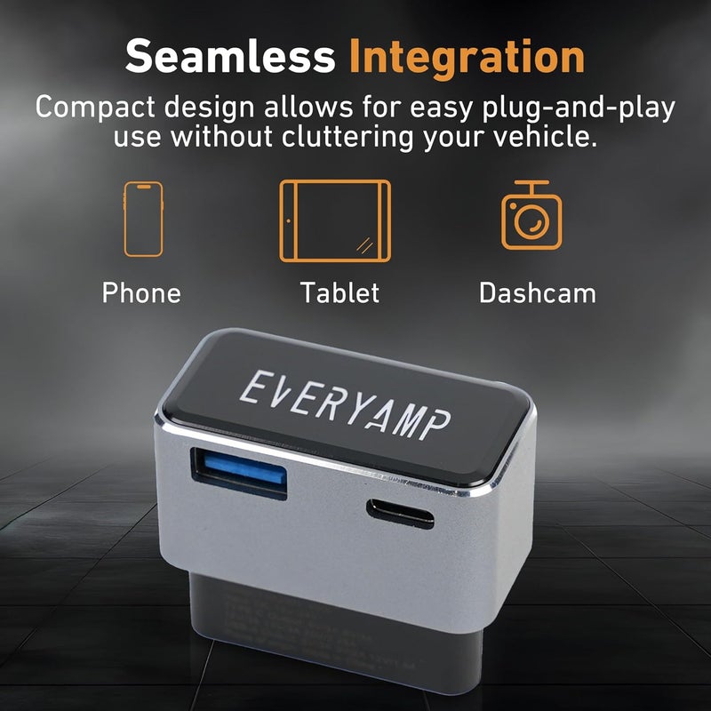 EveryAmp OBD2 to USB Adapter - USB-C & USB-A Power Outputs - OBD2/OBD Power for Dash Cameras, Phone Charges, Radar Detectors, and More - Constant Power Always On - 36W/12V, 45W/24V - - Image 3